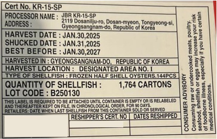 Frozen half-shell oysters from the Republic of Korea recalled due to potential norovirus contamination Frozen half-shell oysters from the Republic of Korea recalled due to potential norovirus contamination