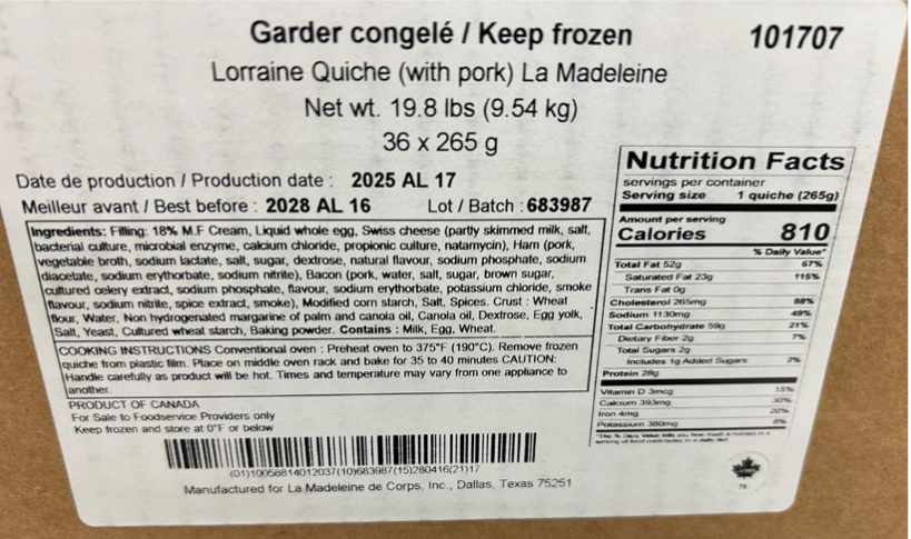 Maitre Saladier quiche products containing pork have been recalled because they were not presented for import reinspection when entering into the US.