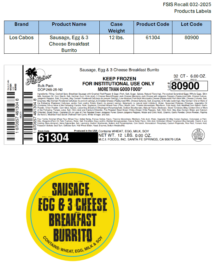 M.C.I. Foods, Inc. Recalls Ready-To-Eat Breakfast Burrito and Wrap Products Due to Possible Listeria Contamination