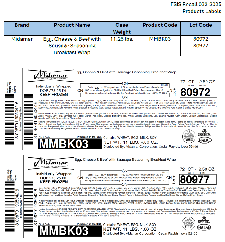 M.C.I. Foods, Inc. Recalls Ready-To-Eat Breakfast Burrito and Wrap Products Due to Possible Listeria Contamination
