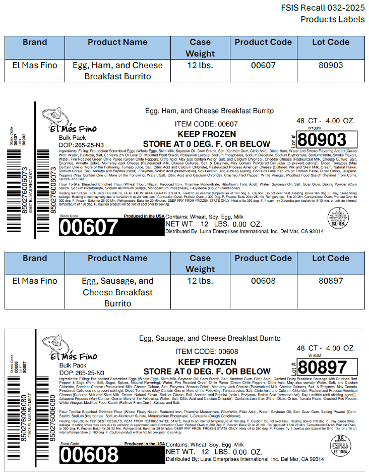 M.C.I. Foods, Inc. Recalls Ready-To-Eat Breakfast Burrito and Wrap Products Due to Possible Listeria Contamination