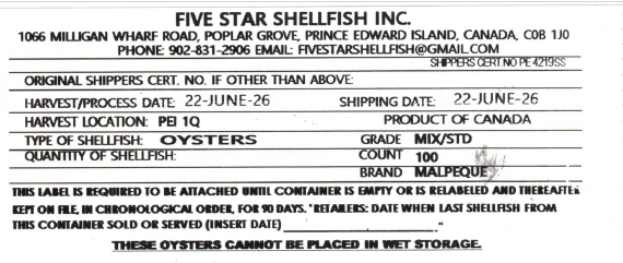 Certain Five Star Shellfish Inc. brand oysters recalled due to Salmonella