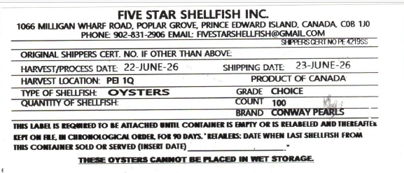 Certain Five Star Shellfish Inc. brand oysters recalled due to Salmonella