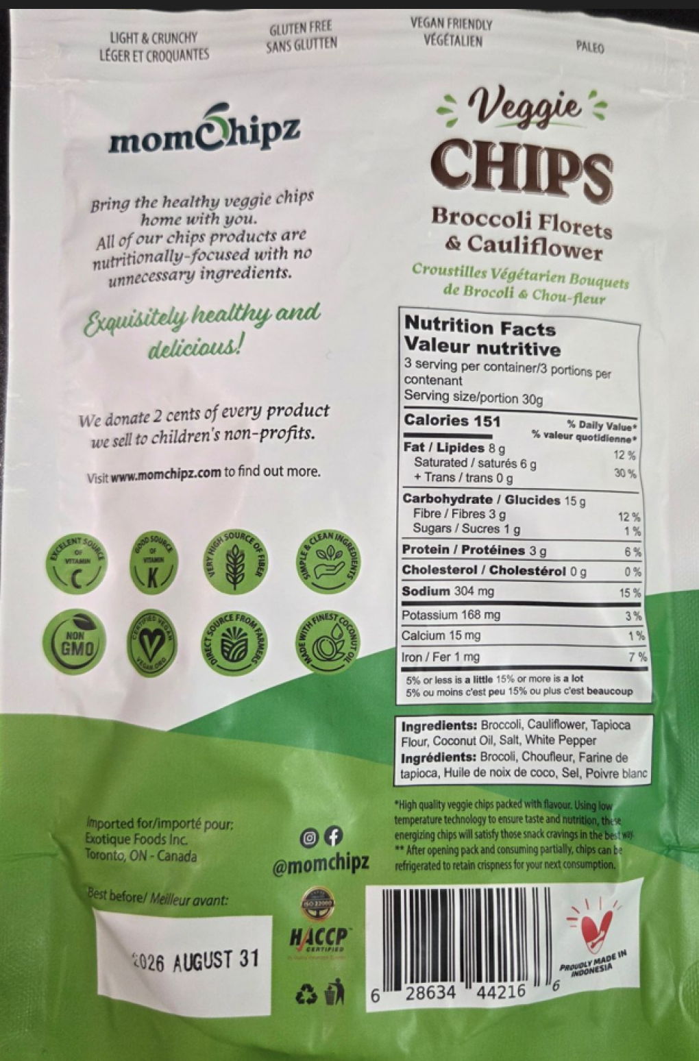Exotique Foods Inc Recalls Momchipz Veggie Chips Broccoli Florets & Cauliflower Due to Undeclared Wheat