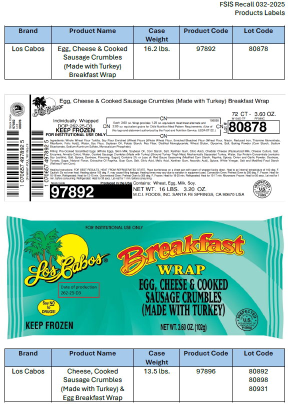 M.C.I. Foods, Inc. Recalls Ready-To-Eat Breakfast Burrito and Wrap Products Due to Possible Listeria Contamination